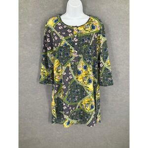 Fig and Flower Tunic Top Womens‎ Sz L Floral Patchwork Print 3/4 Sleeve Colorful